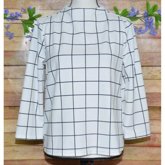 Melloday White 3/4 Sleeve High Neckline Blouse M Grid Window Pane Pattern Career - Picture 1 of 10